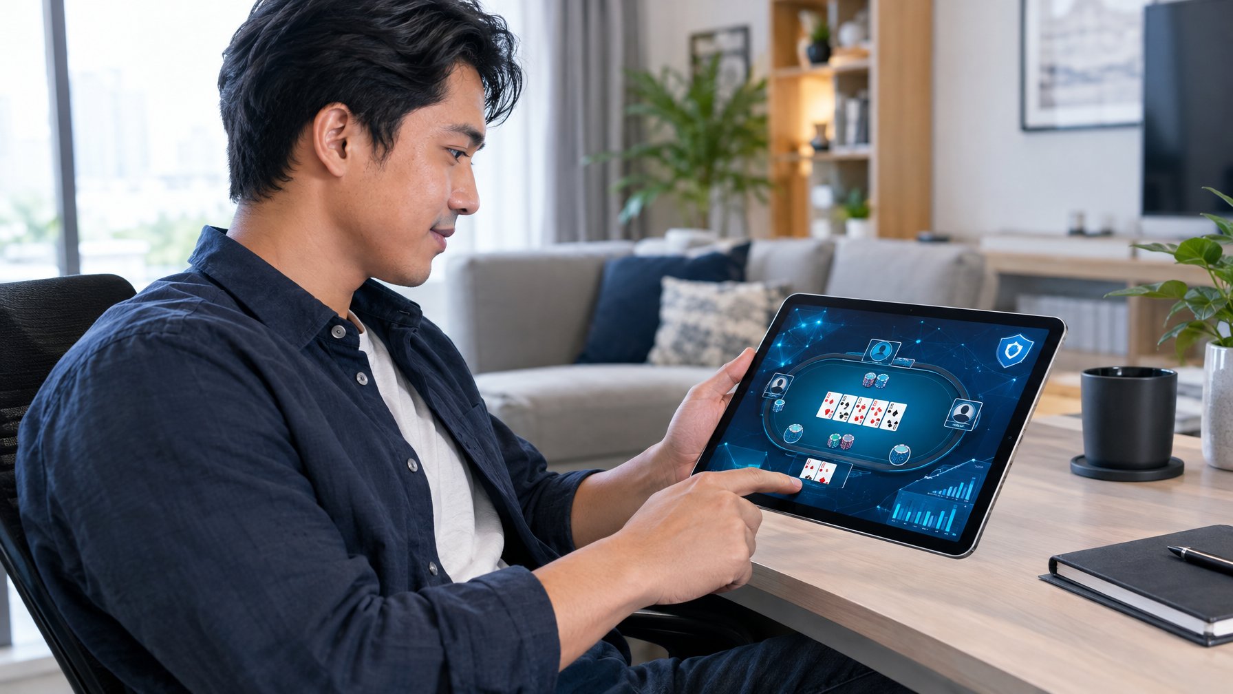 Seorang pemain menggunakan tablet untuk bermain poker digital di meja.