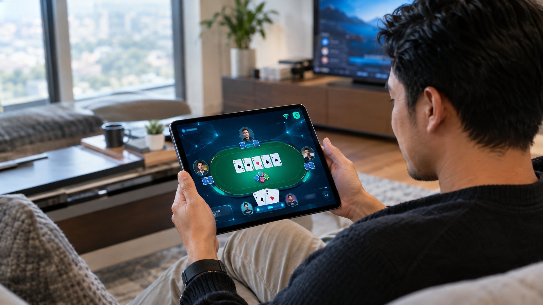 Seorang pemain menggunakan tablet untuk bermain poker digital di rumah.