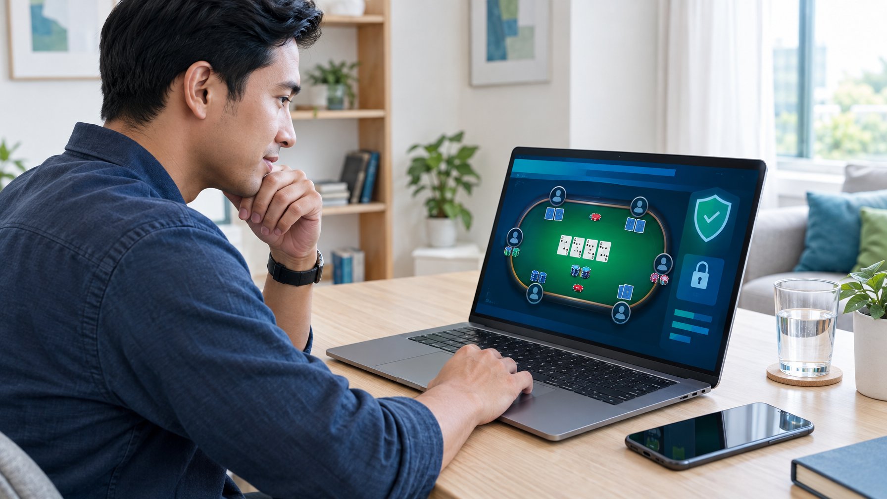 Seorang pria memeriksa permainan poker daring di laptop dari meja rumahnya.