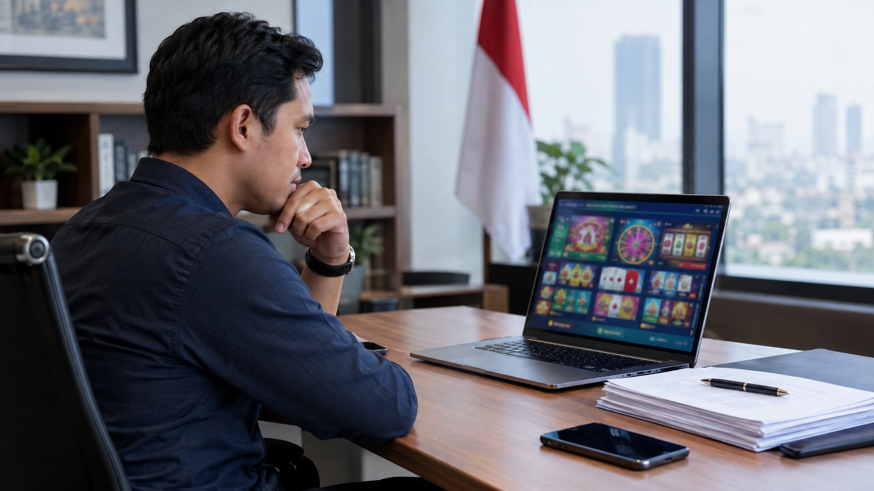 Seorang dewasa Indonesia meninjau laptop dan dokumen di meja.