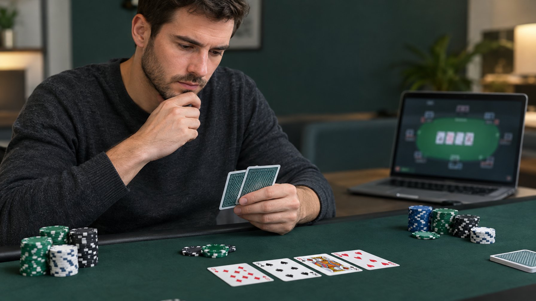 Seorang pemain mempelajari susunan kartu dan keping poker di meja.