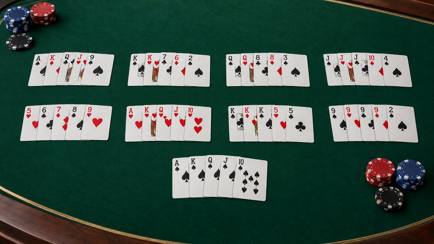 Beberapa kombinasi kartu poker tersusun di atas meja hijau.