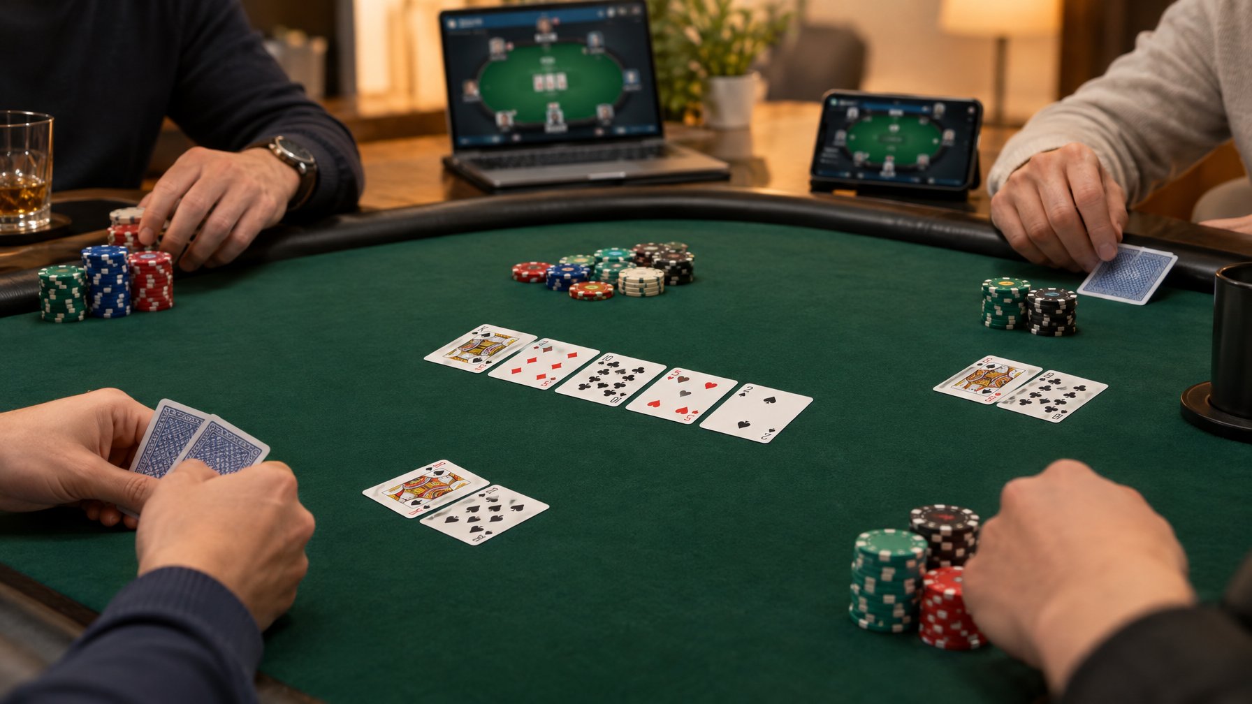 Tangan para pemain menyusun kartu dan chip di meja poker.