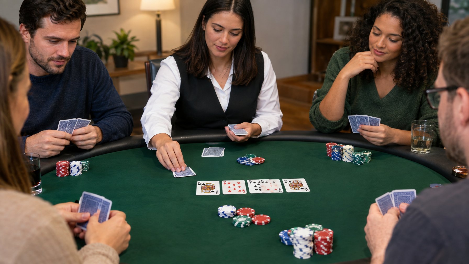 Dealer dan beberapa pemain memainkan poker Texas Hold'em di meja dengan kartu dan keping poker.