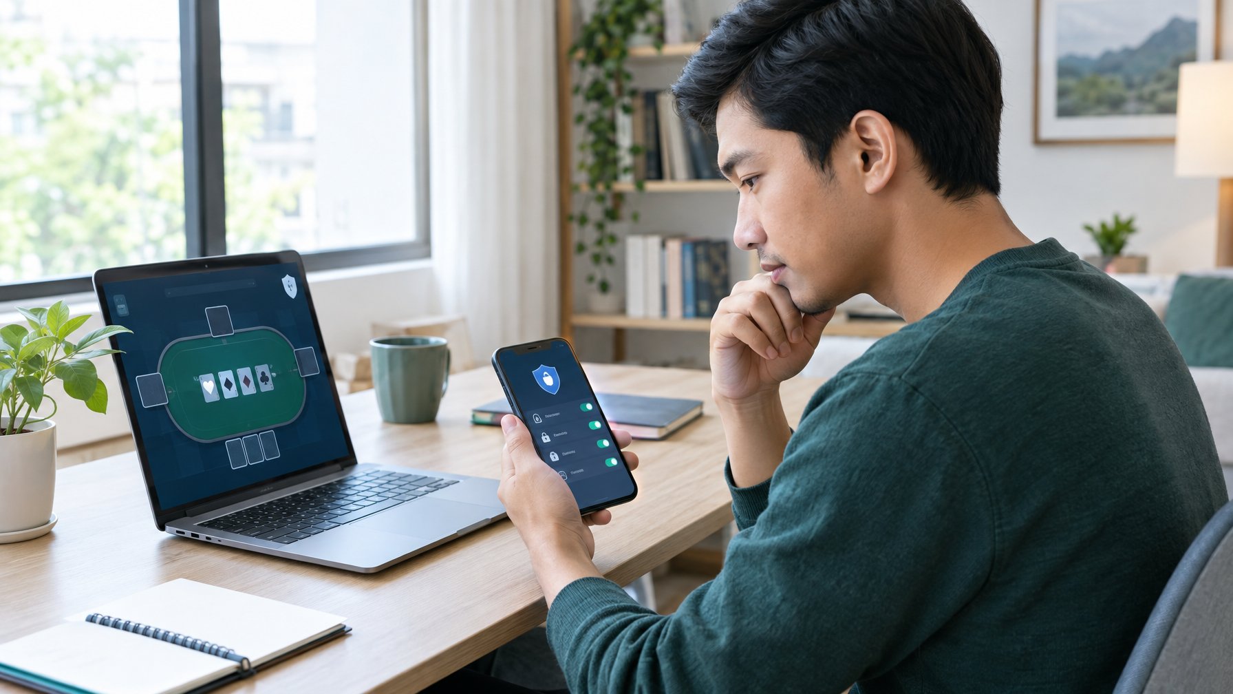 Seseorang memeriksa laptop dan ponsel di meja rumah.