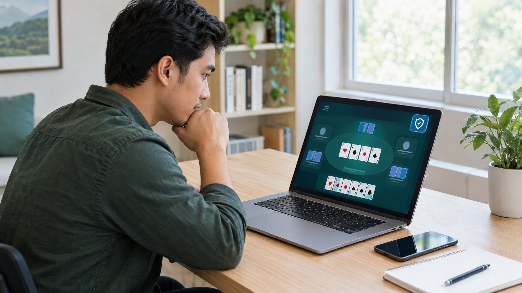 Seseorang meninjau permainan kartu online di laptop sebelum mengaksesnya.