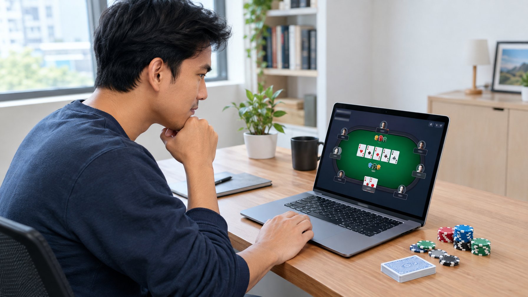 Seorang pria mempelajari permainan poker di laptop dengan kartu dan keping poker di meja.