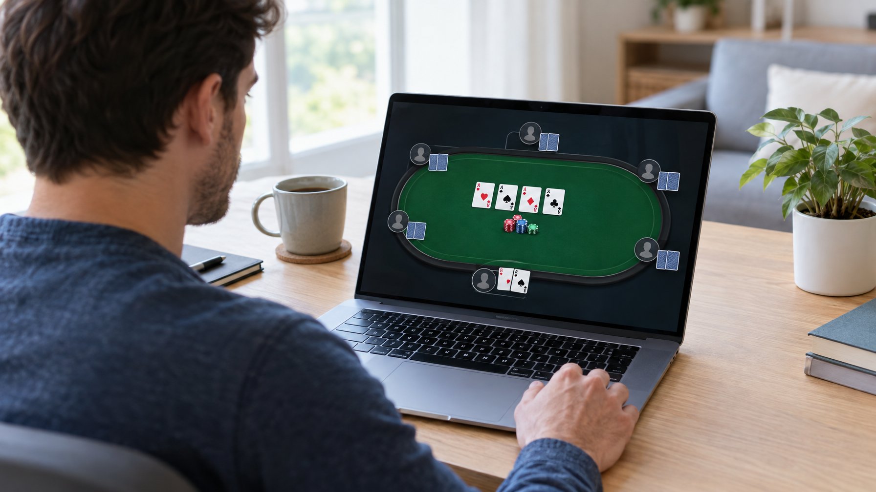 Seorang pemain melihat meja poker digital di laptop dengan kartu dan keping poker.