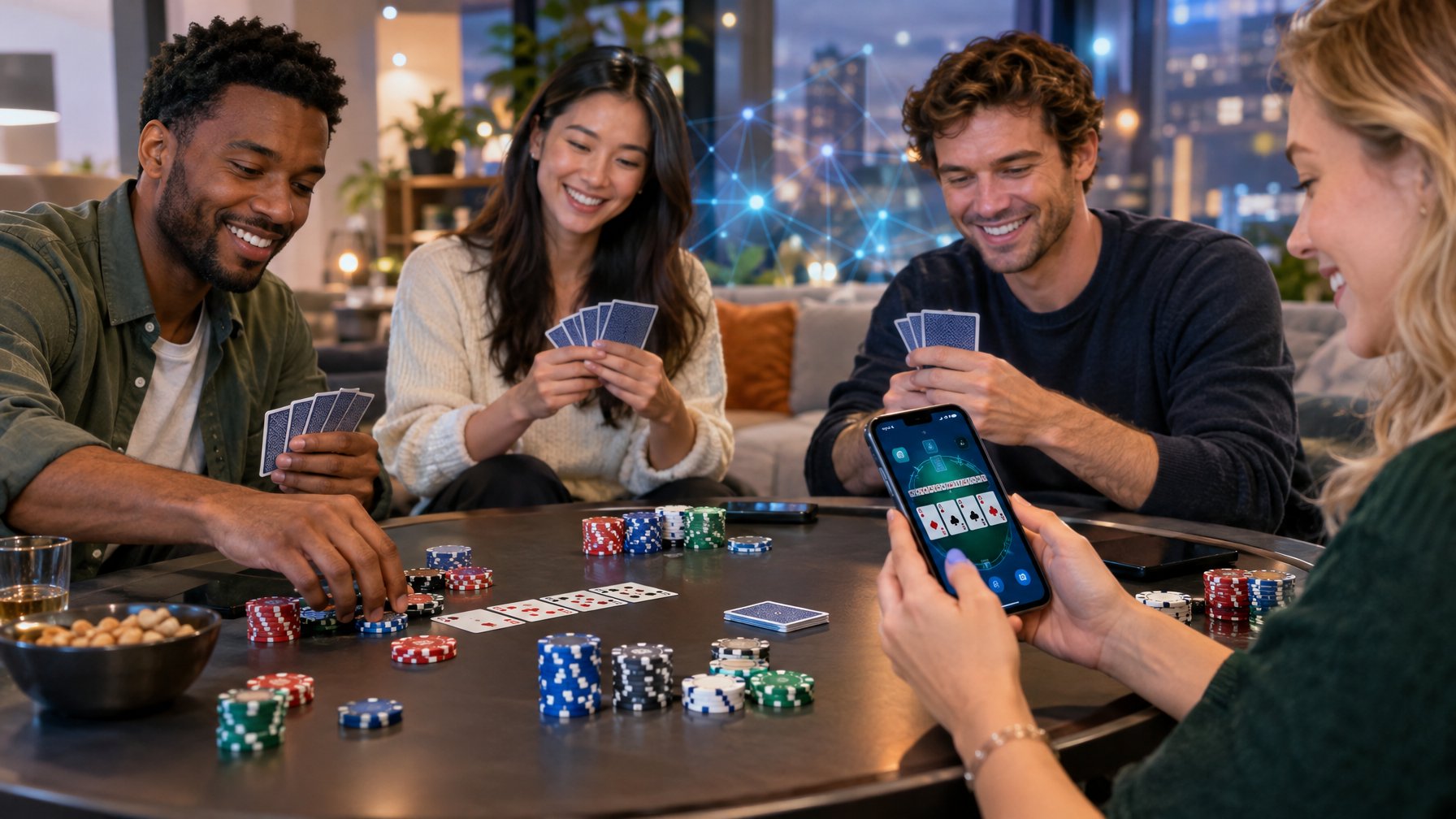 Sekelompok orang dewasa bermain poker sambil melihat permainan kartu digital di ponsel.