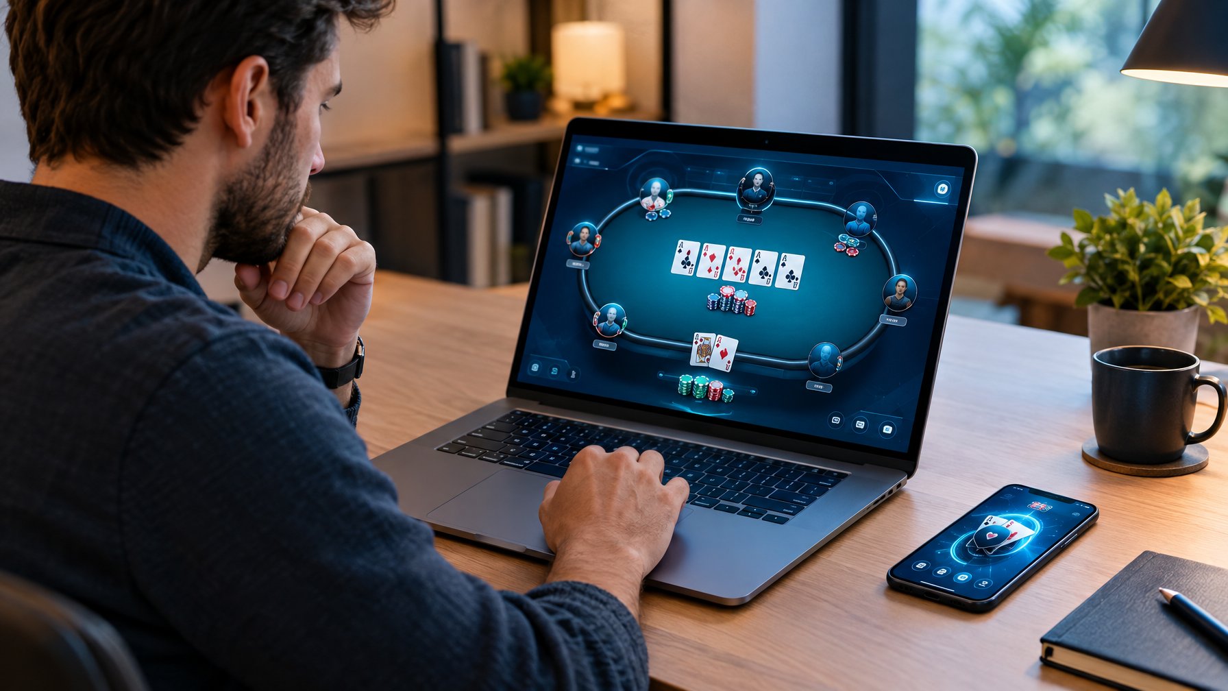 Seseorang menggunakan laptop dan ponsel untuk bermain poker daring.