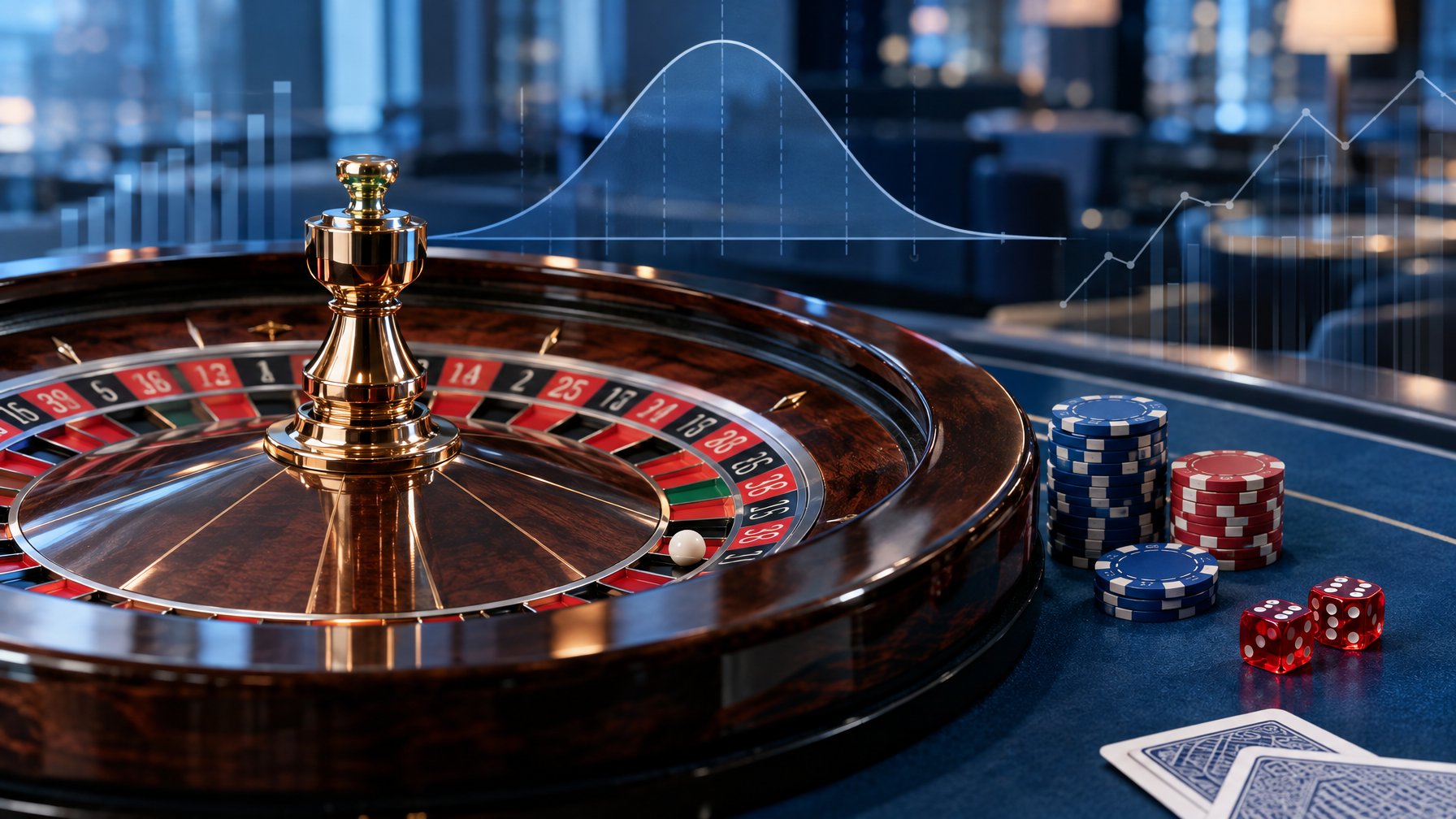 Roda roulette, keping kasino, dadu, dan kartu tersusun di atas meja.