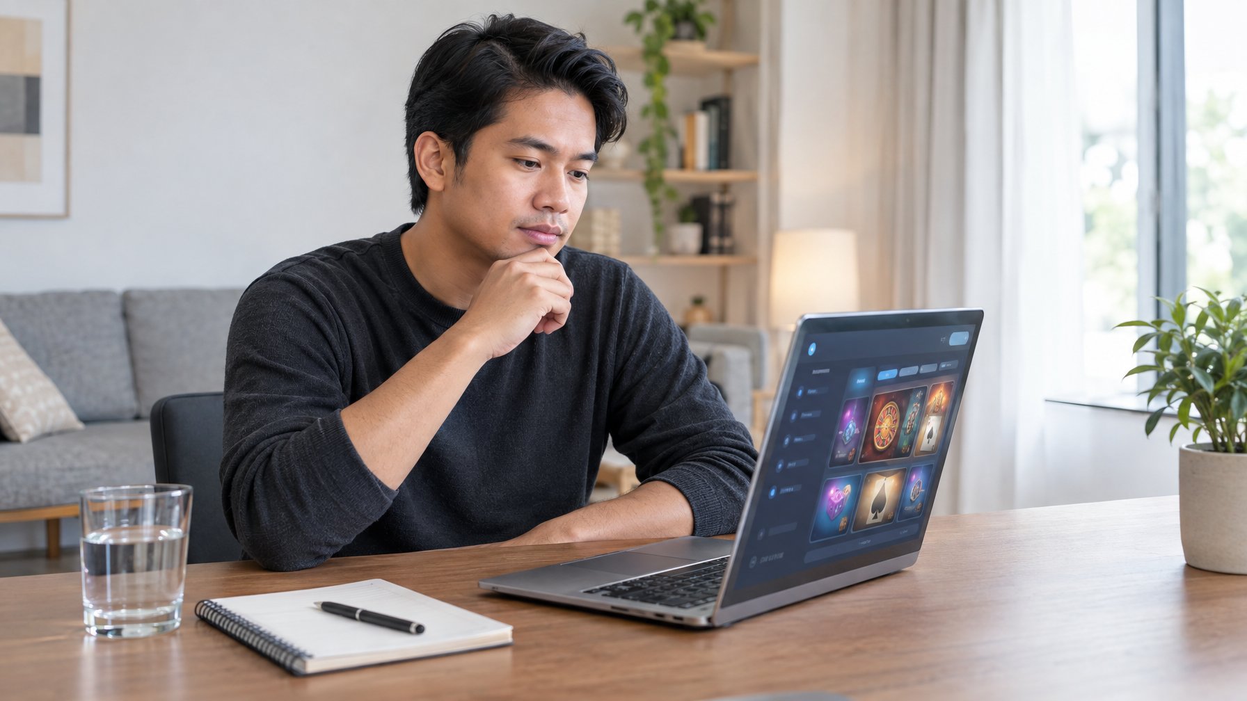 Seseorang meninjau tampilan kasino daring di laptop sambil mencatat di meja.