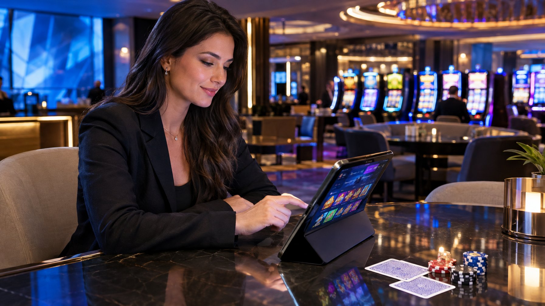 Seseorang menggunakan tablet di lounge kasino modern dengan kartu, keping poker, dan mesin permainan di latar belakang.