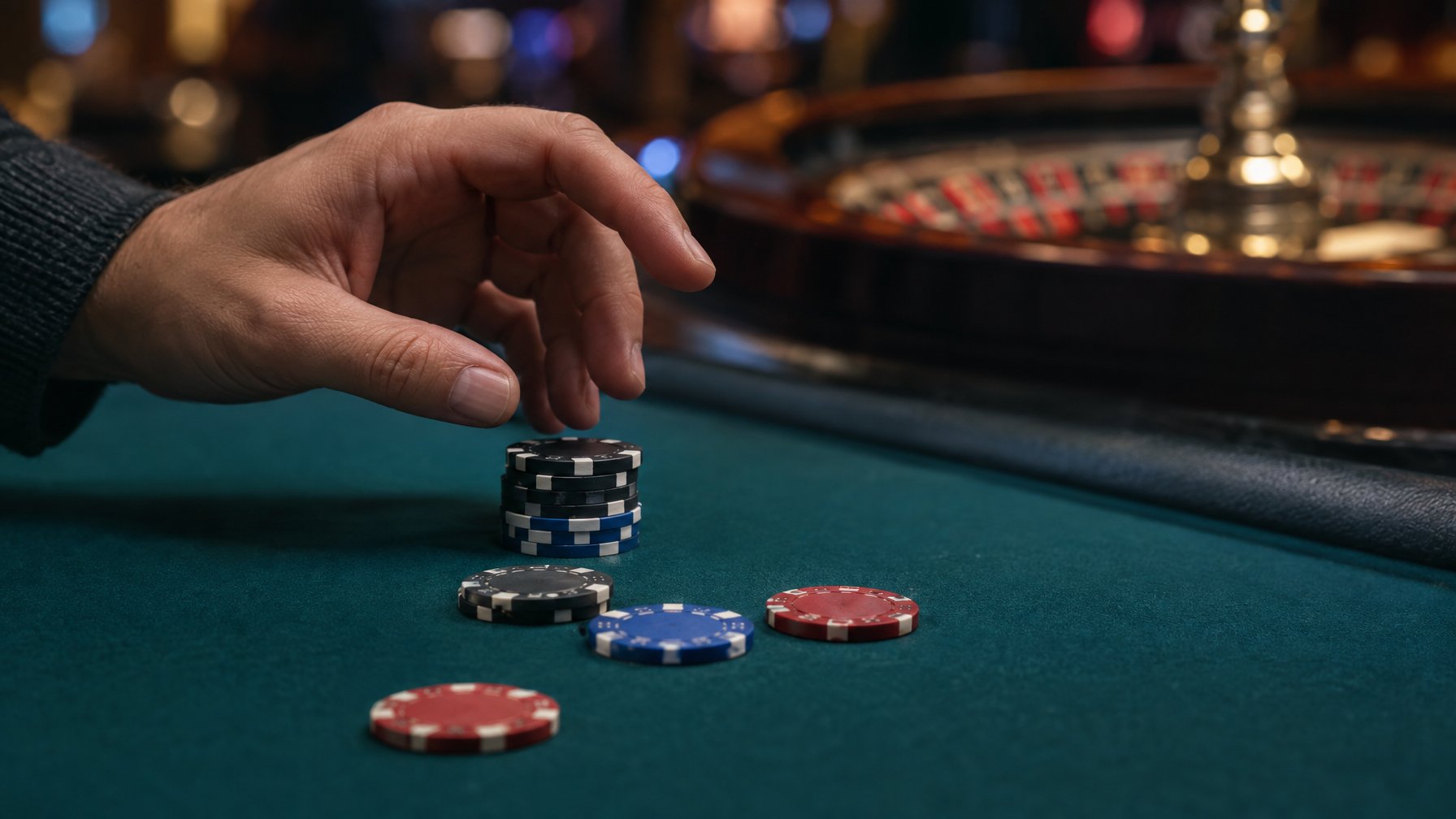 Sebuah tangan ragu di dekat tumpukan keping kasino, dengan roda roulette di latar belakang.