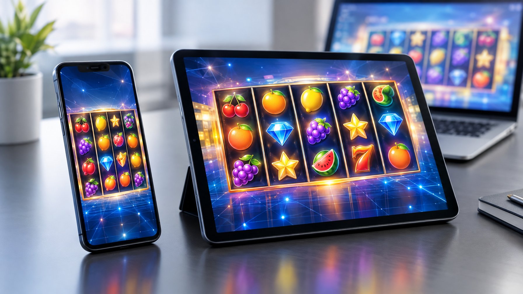 Ponsel, tablet, dan laptop menampilkan permainan slot digital.
