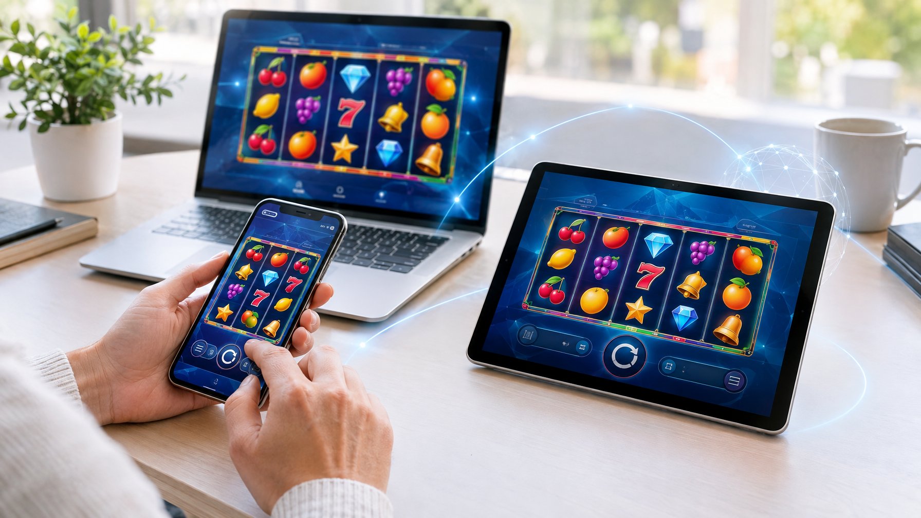 Seseorang memainkan game slot di ponsel, dengan tablet dan laptop yang menampilkan permainan serupa.