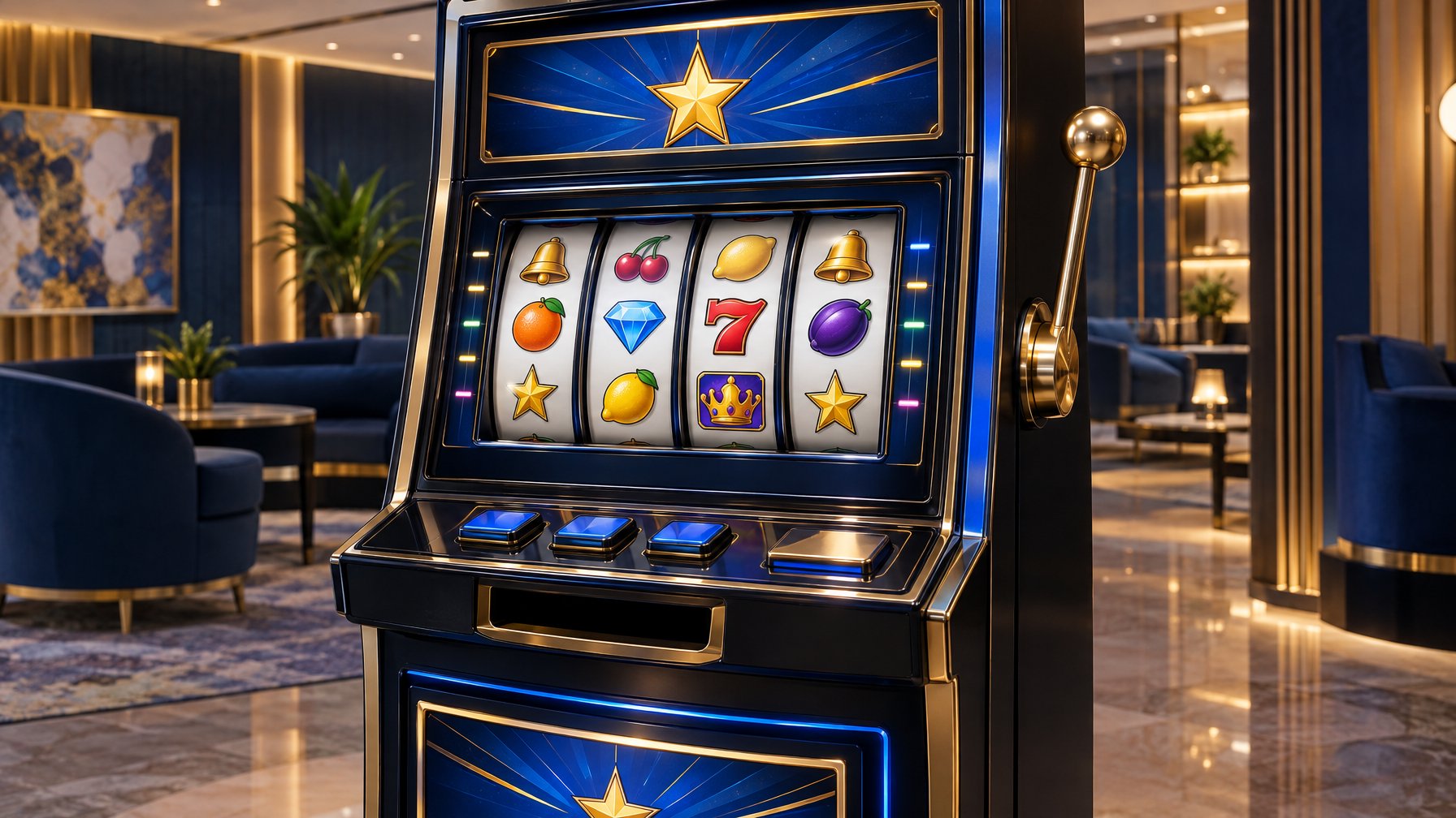 Mesin slot dengan gulungan berisi berbagai simbol permainan.