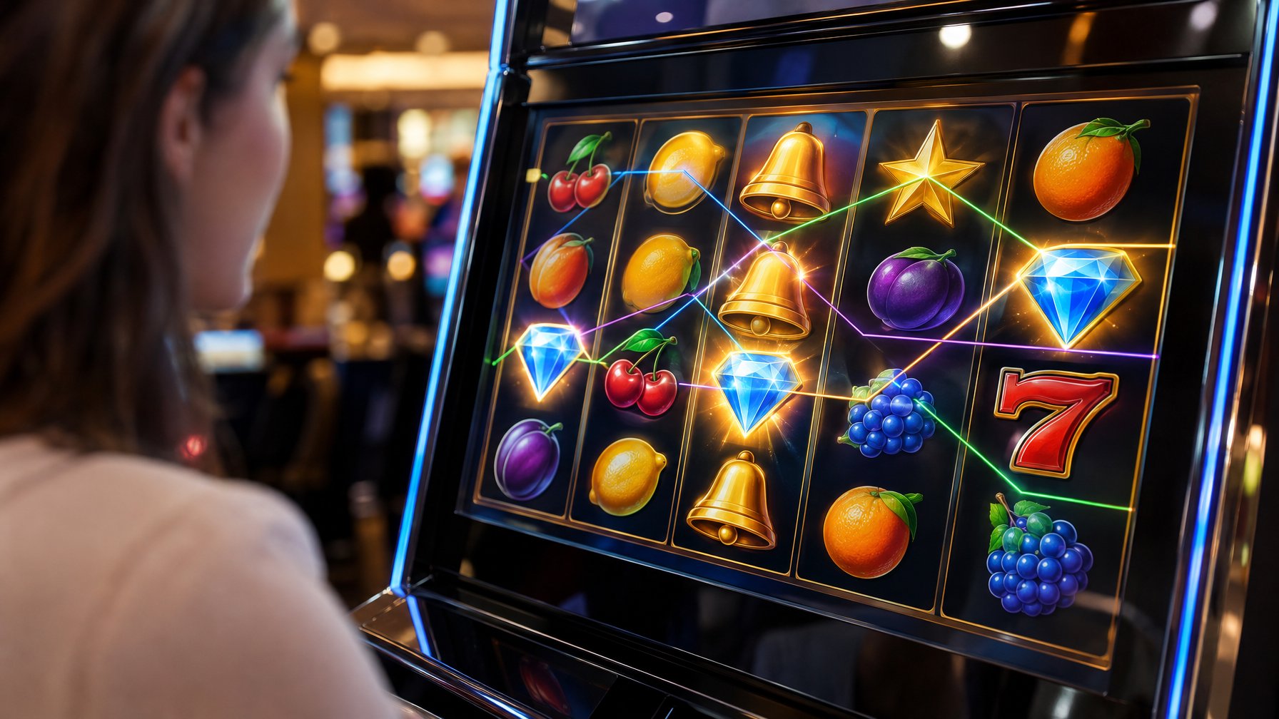 Layar mesin slot menampilkan deretan simbol dengan garis pembayaran yang melintasinya.