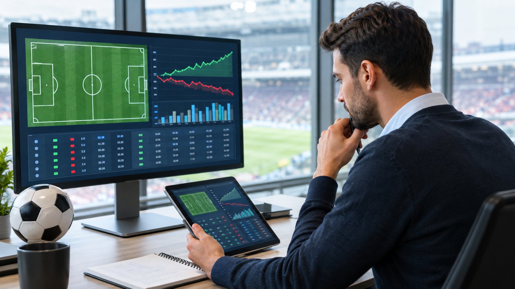 Seorang analis mempelajari grafik performa klub sepak bola di ruang kerja.