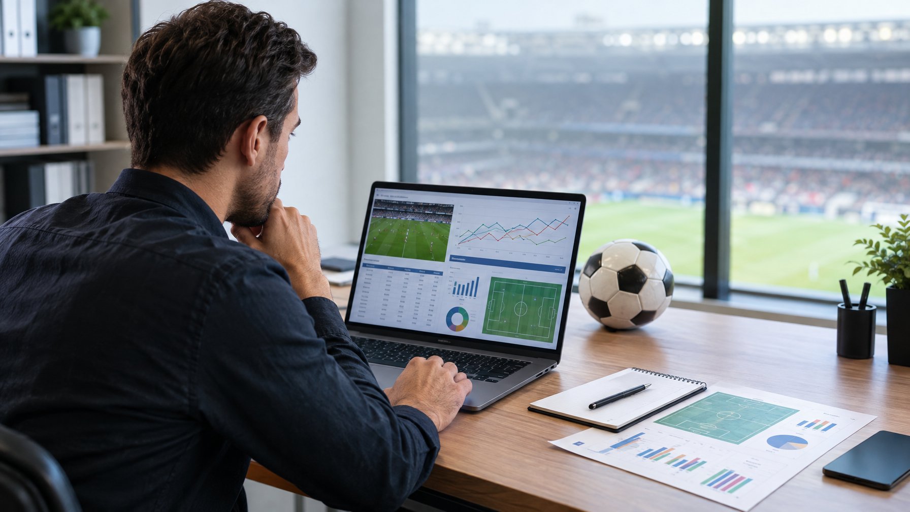 Seorang analis membandingkan statistik pertandingan sepak bola di laptop.