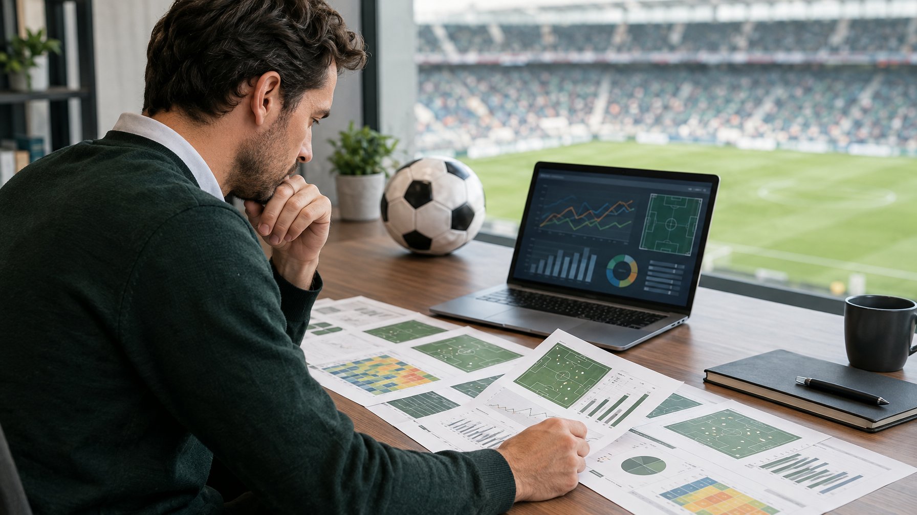 Seorang analis memeriksa statistik pertandingan sepak bola di meja dengan laptop dan bola.
