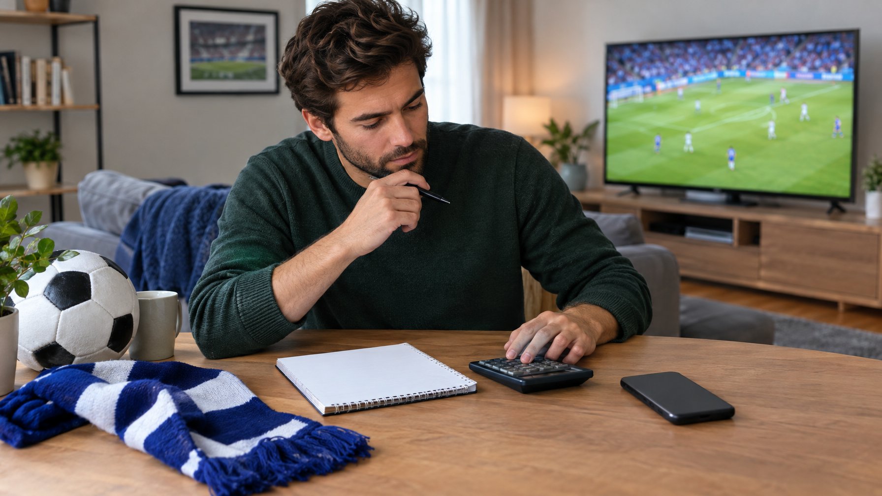 Seorang penggemar sepak bola meninjau anggaran sambil menonton pertandingan.