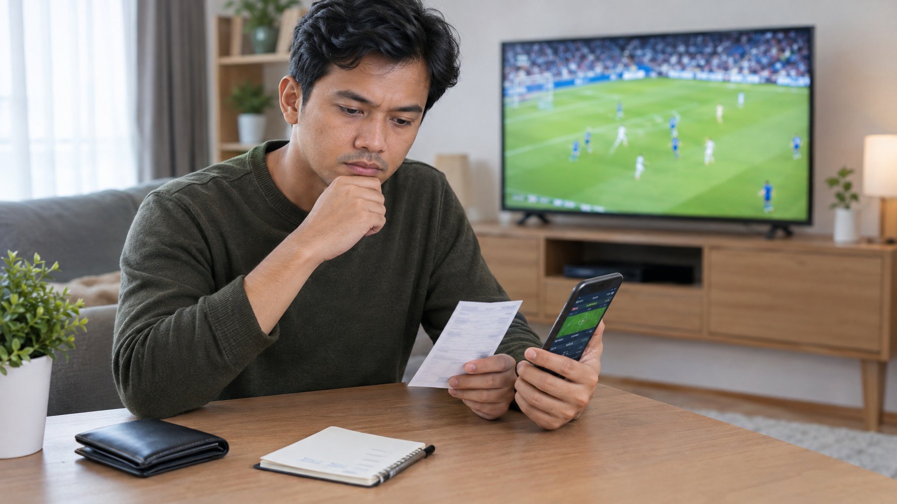 Seorang pria mempertimbangkan taruhan sepak bola sambil menonton pertandingan di rumah.