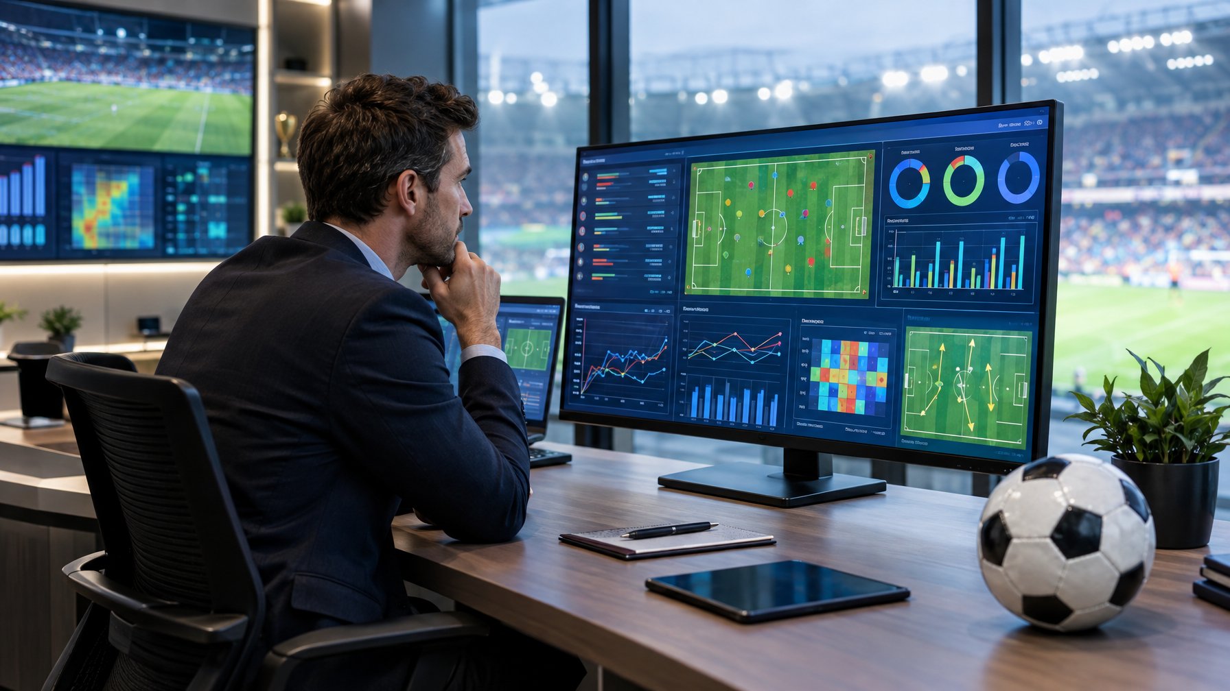Seorang analis sepak bola mengamati grafik statistik pertandingan di layar.