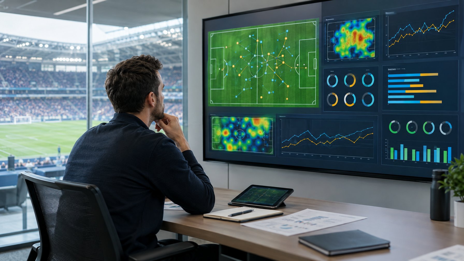 Seorang analis sepak bola mengamati grafik statistik dan diagram lapangan di ruang analisis.