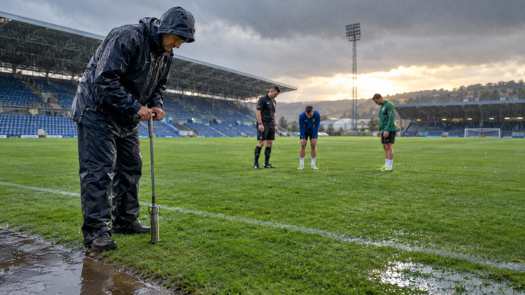 Petugas memeriksa rumput lapangan sepak bola yang basah saat hujan, sementara pemain dan wasit menunggu.