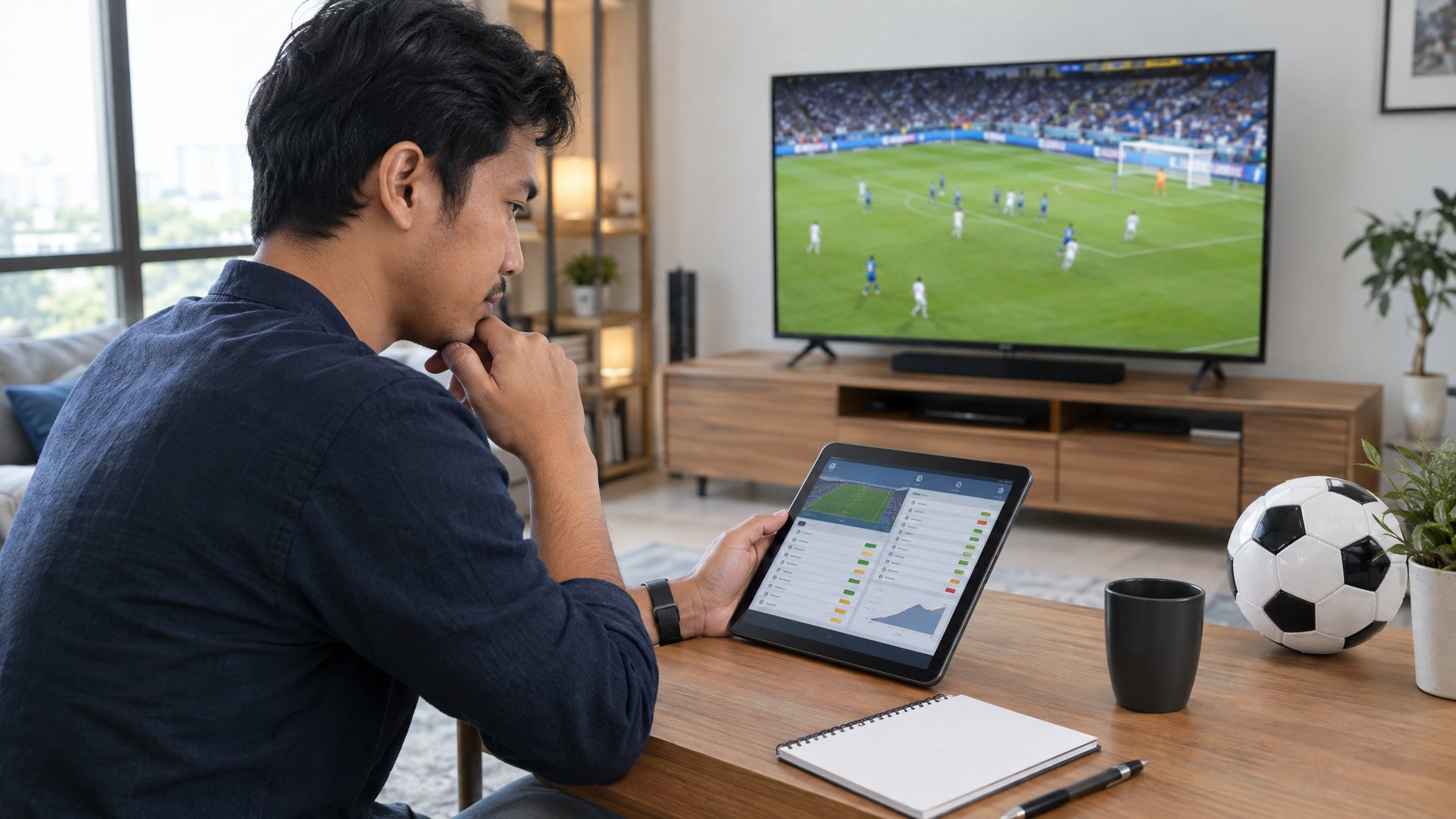 Seorang pria dewasa meninjau pertandingan sepak bola dan informasi taruhan di meja.
