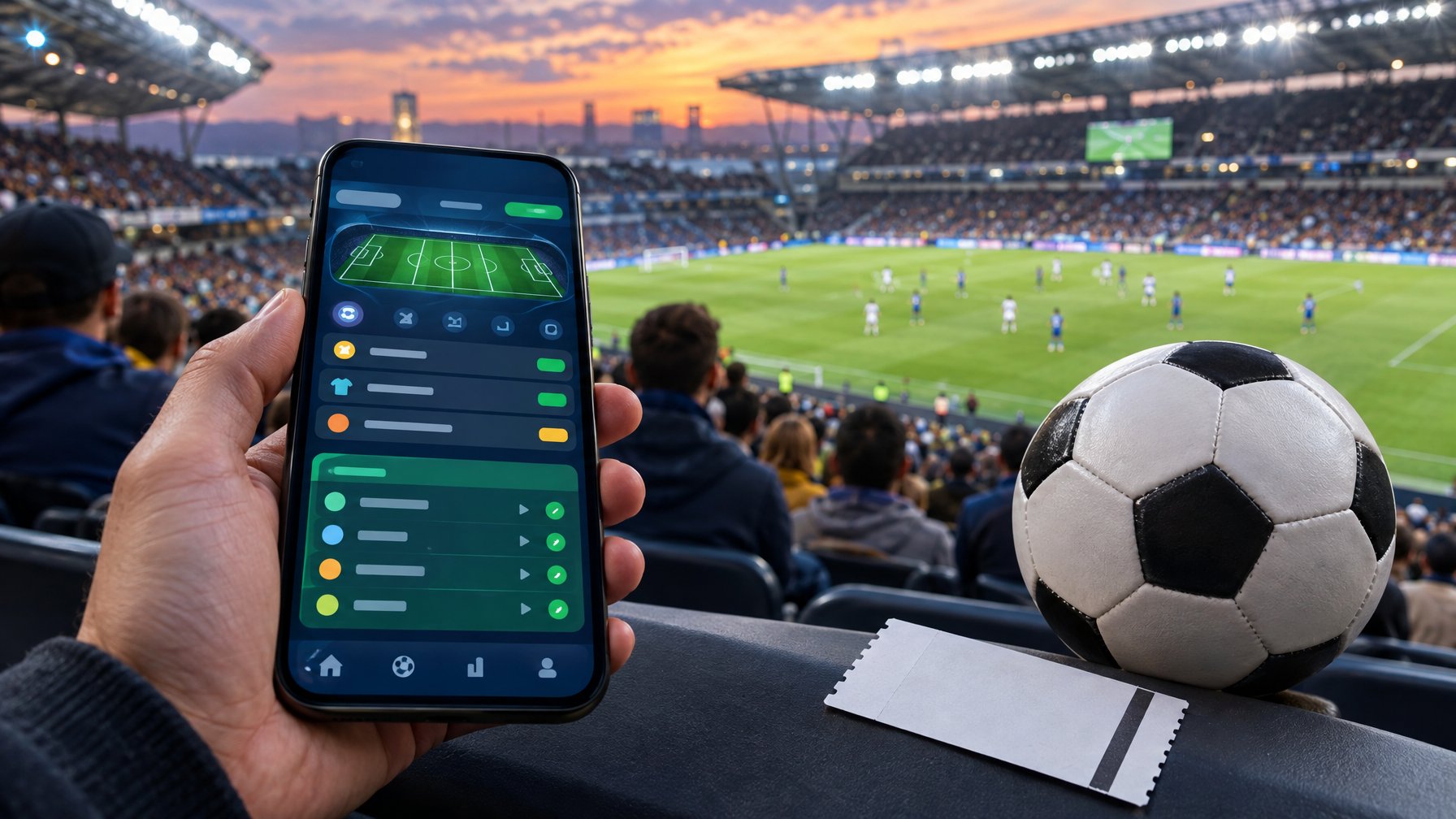 Seseorang memegang ponsel di dekat bola sepak, dengan stadion dan pertandingan di latar belakang.