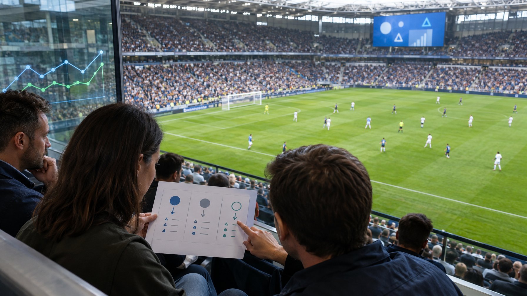 Penonton membandingkan bagan pertandingan saat laga sepak bola berlangsung di stadion.
