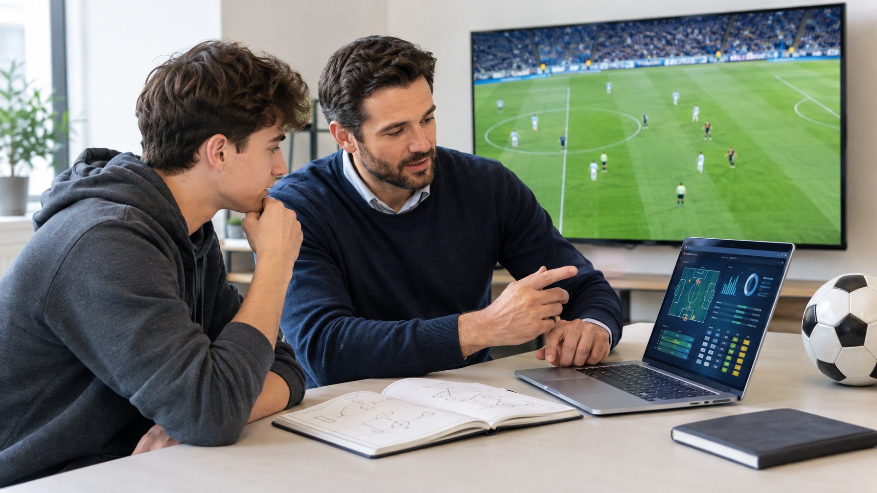 Seorang analis menjelaskan pertandingan sepak bola kepada penggemar di meja dengan laptop dan bola.