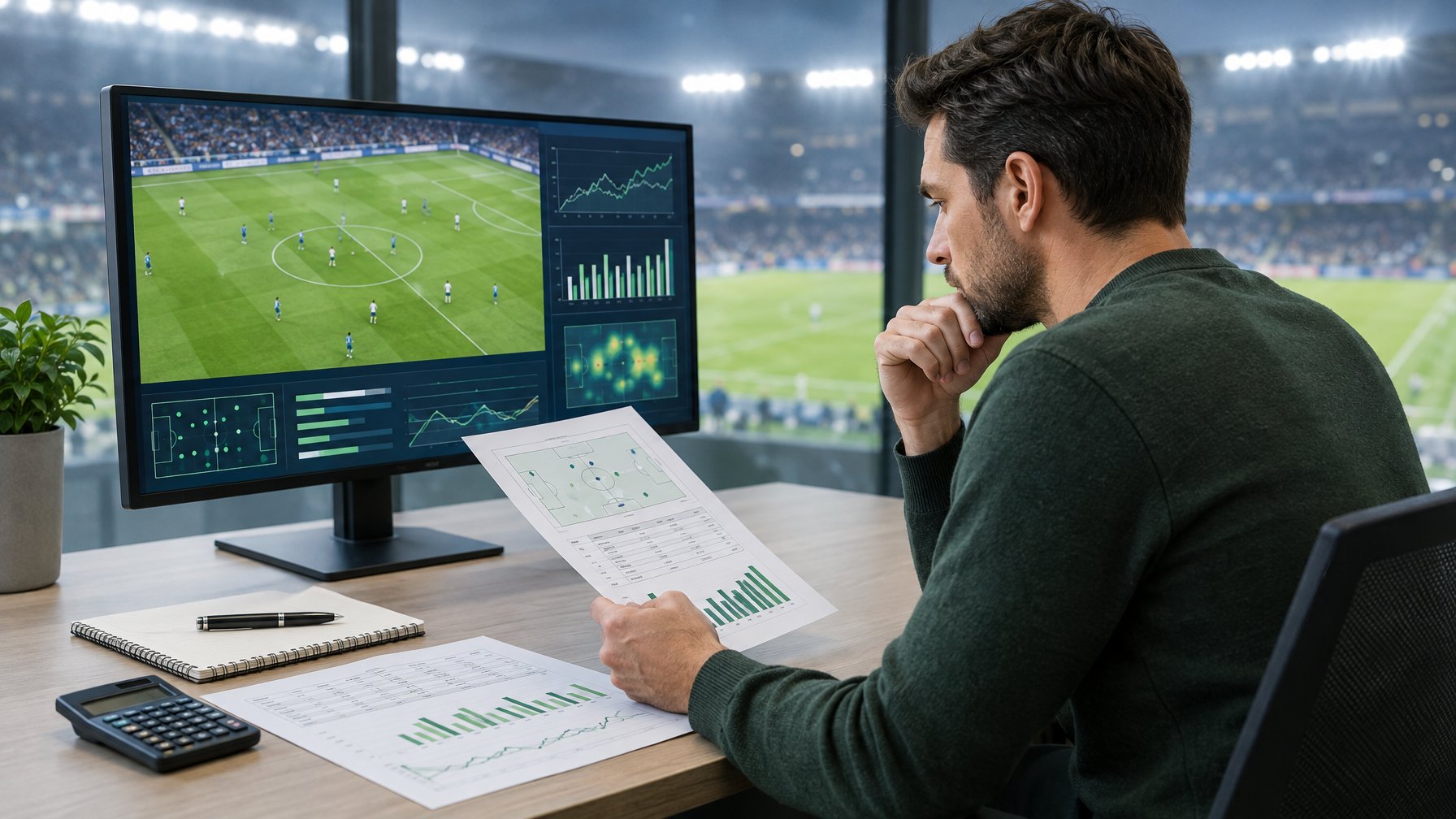 Seorang analis mempelajari pertandingan sepak bola dan data statistik di meja kerja.
