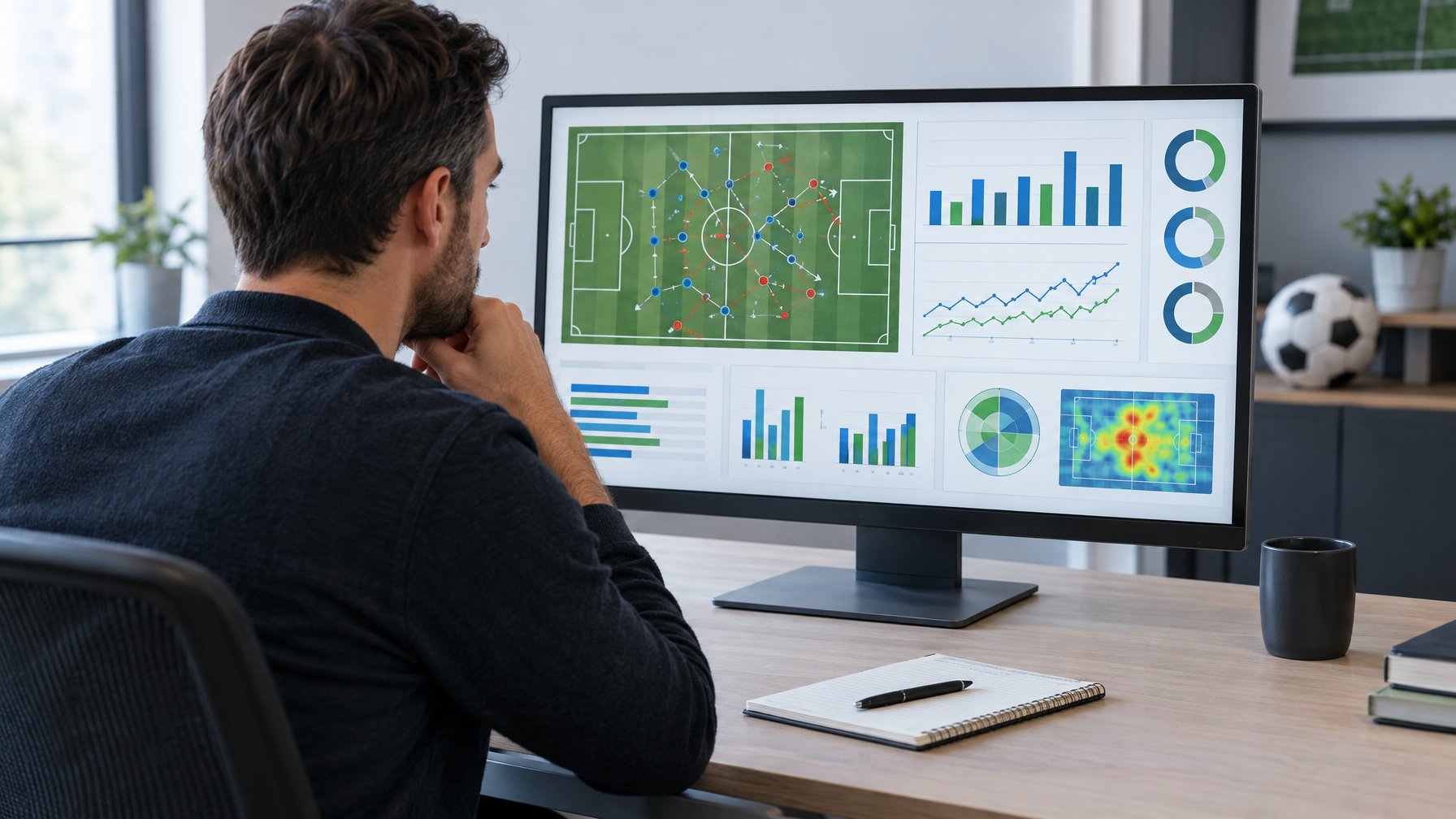Seorang analis sepak bola membandingkan grafik statistik pertandingan di layar.