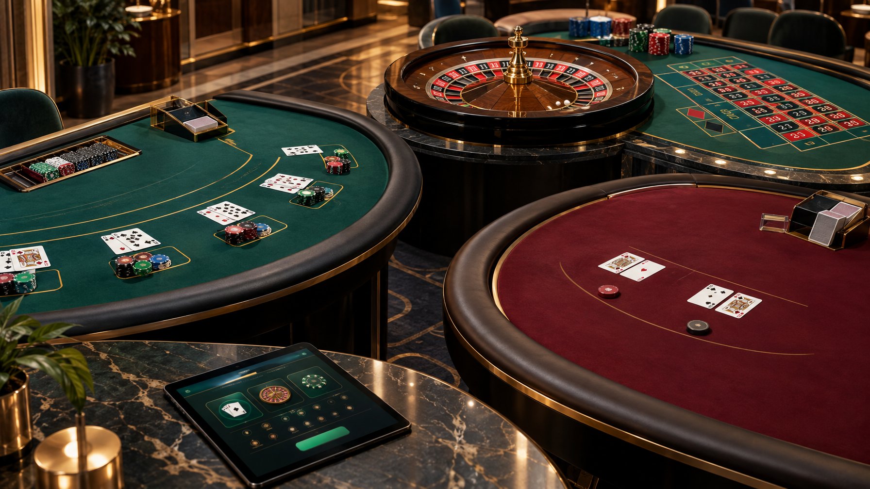 Meja blackjack, roda roulette, dan meja baccarat dengan kartu serta chip, berdampingan dengan perangkat digital.