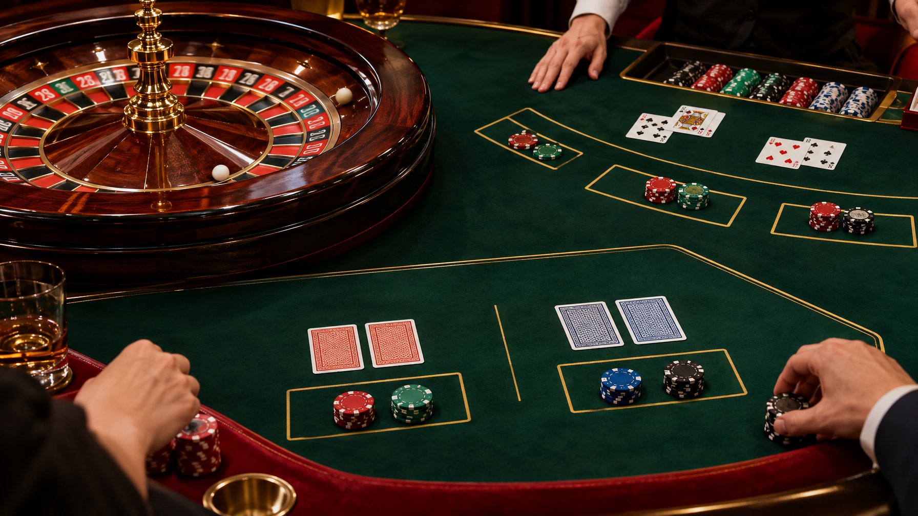 Meja kasino menampilkan roulette, kartu blackjack, kartu baccarat, dan keping taruhan.