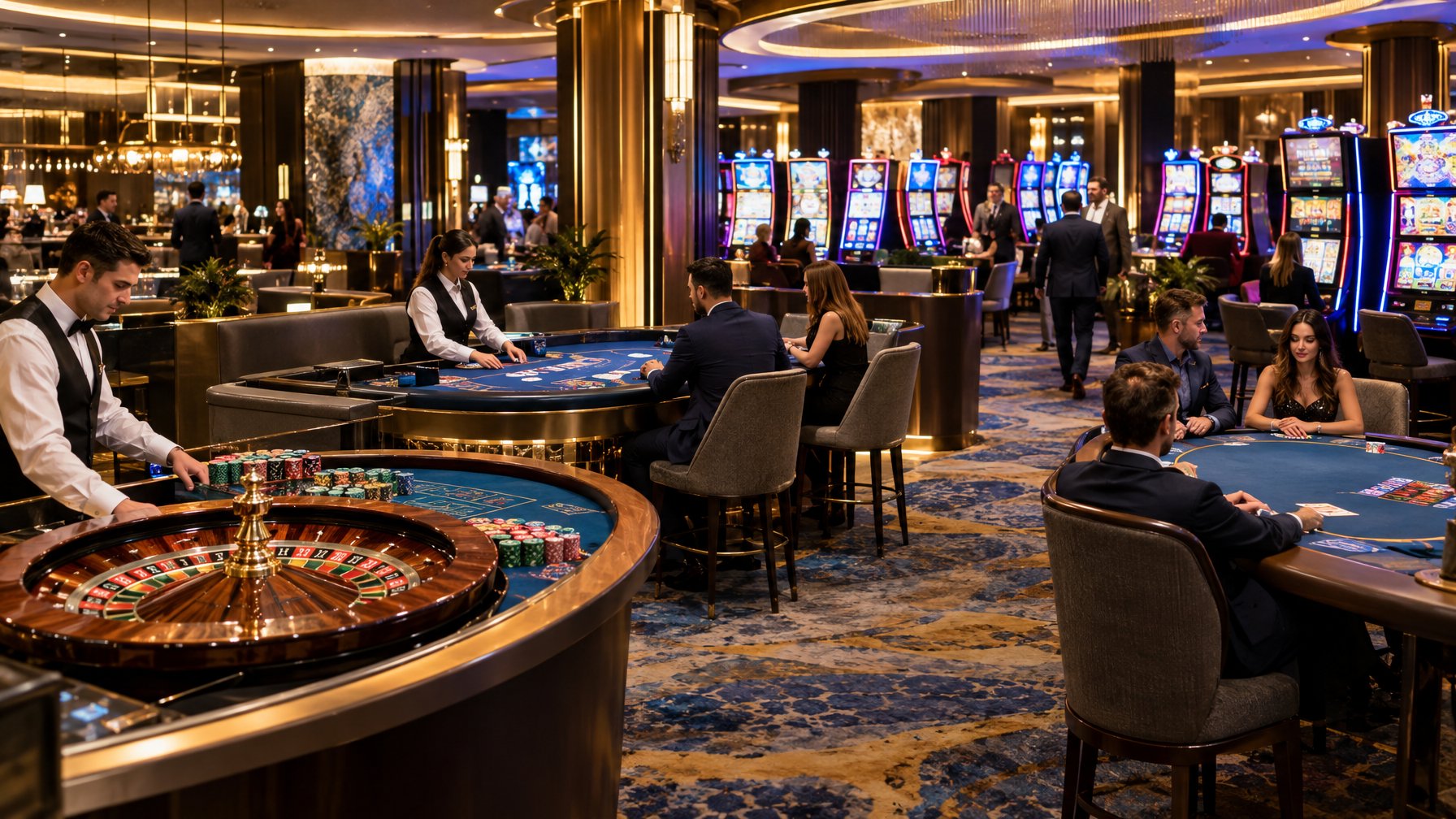 Suasana kasino dengan meja roulette, blackjack, poker, dan mesin slot.