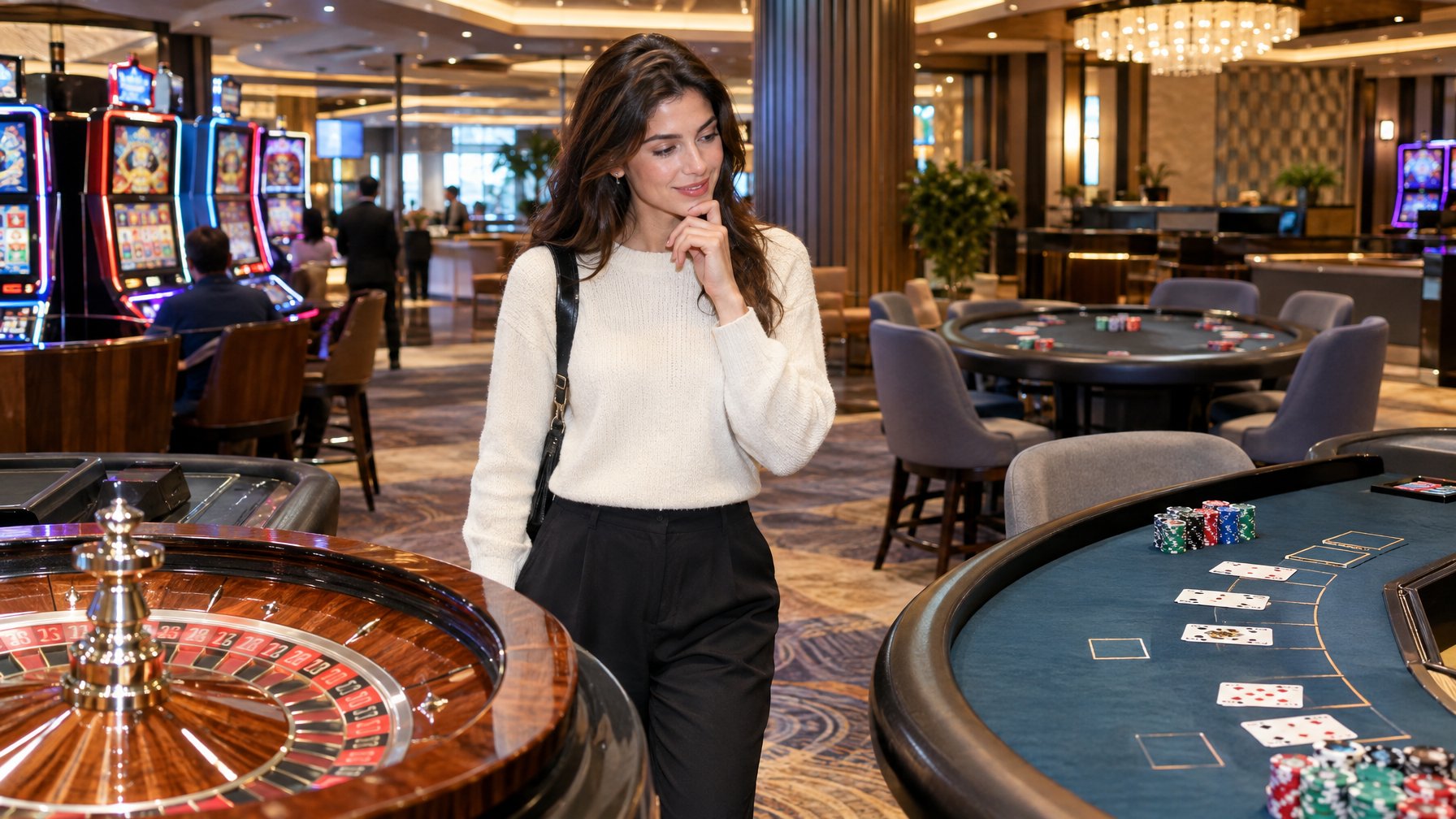 Seorang pengunjung mengamati meja roulette, permainan kartu, dan mesin slot di kasino.