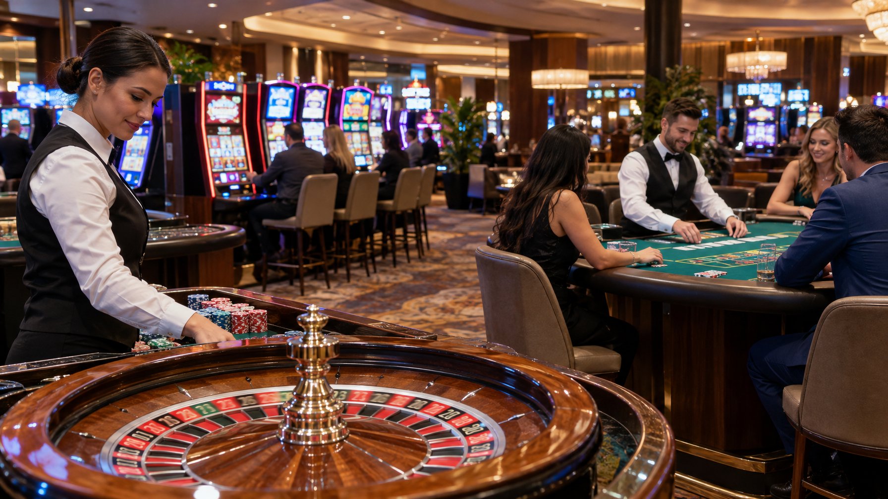 Meja roulette dan blackjack serta deretan mesin slot di dalam kasino.