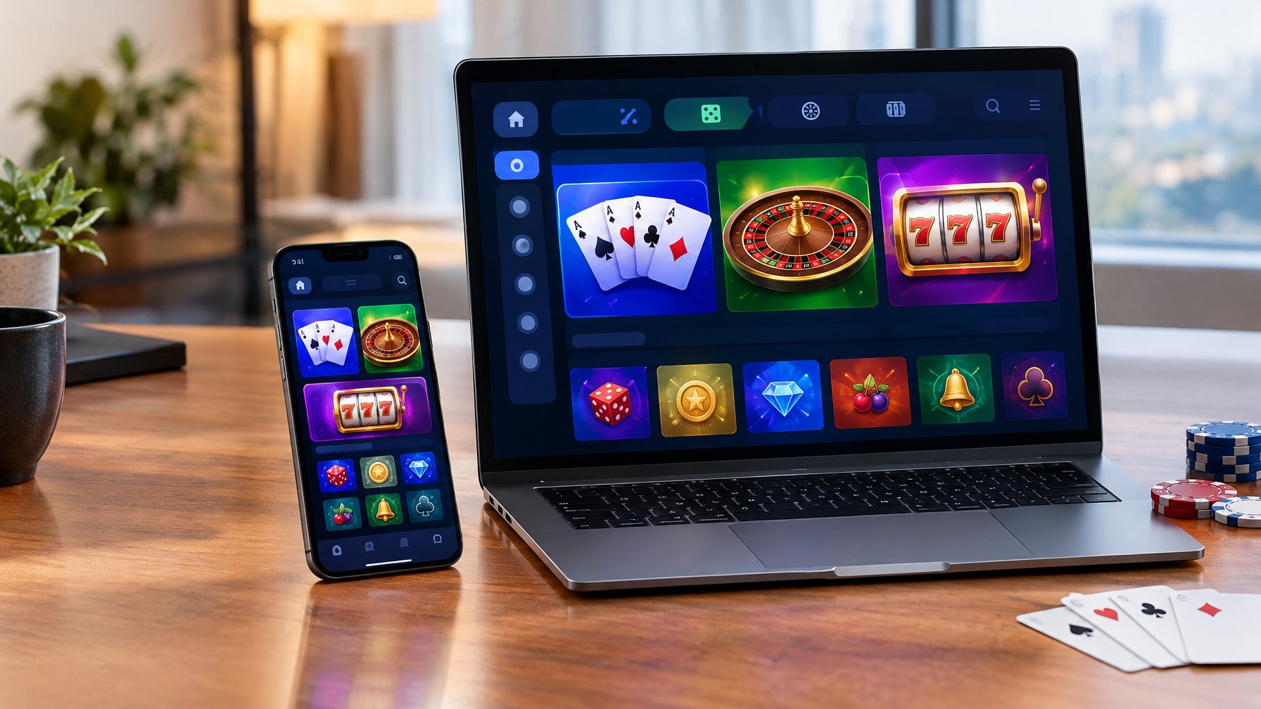 Smartphone dan laptop menampilkan beragam permainan kasino digital di atas meja.