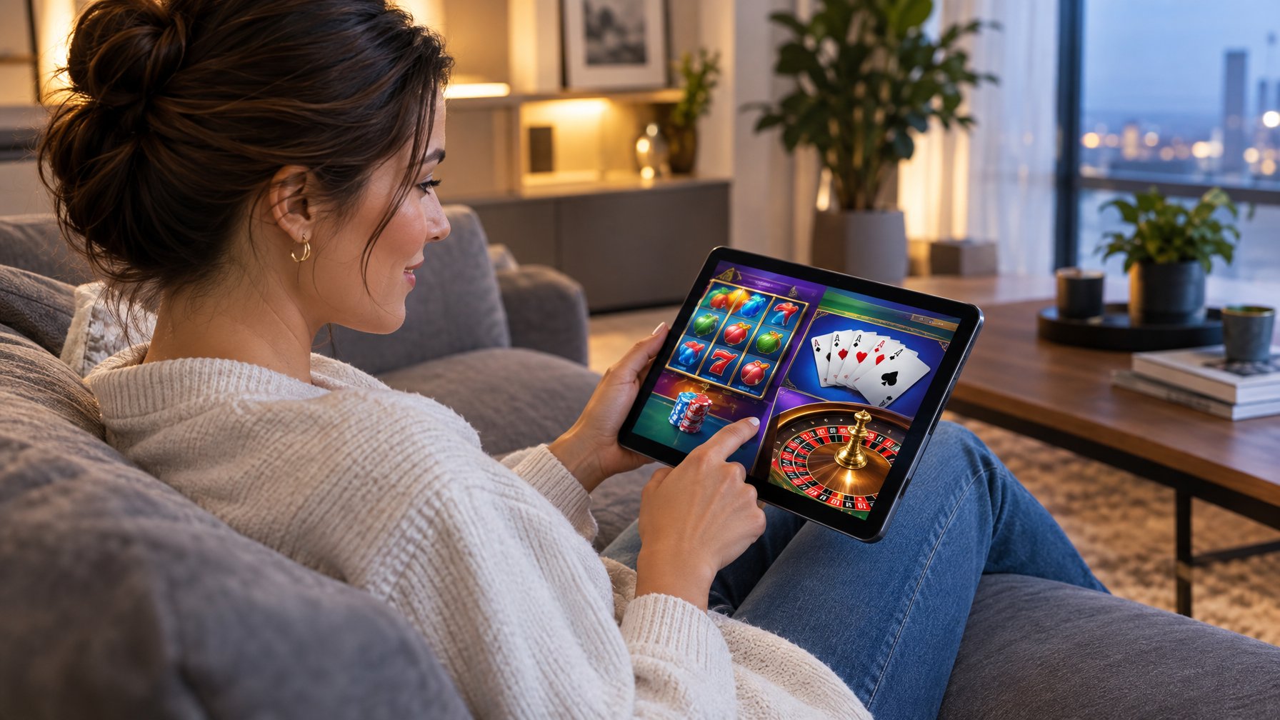 Seorang pemain dewasa melihat beragam permainan kasino di tablet.