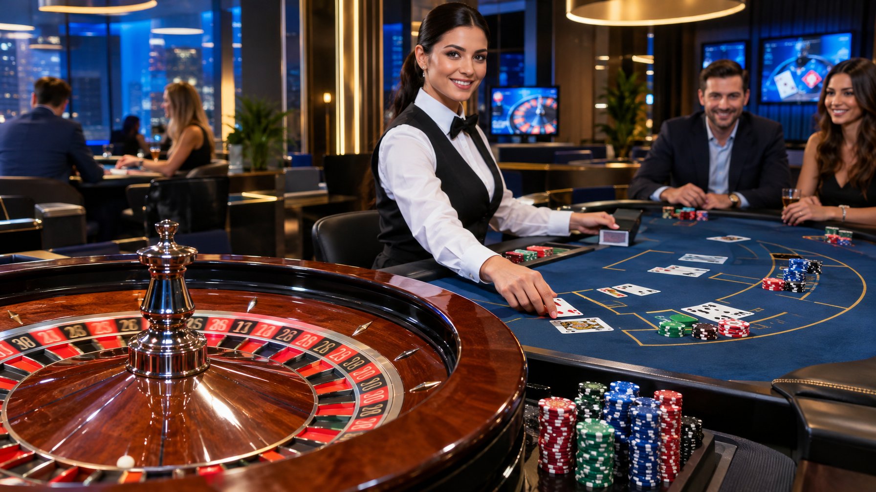 Meja kasino dengan roda roulette, kartu blackjack, keping taruhan, dealer, dan beberapa pemain.