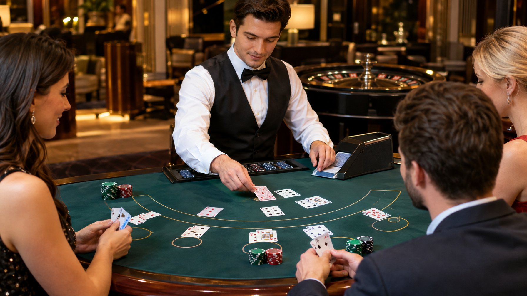 Dealer membagikan kartu blackjack kepada pemain di meja kasino.