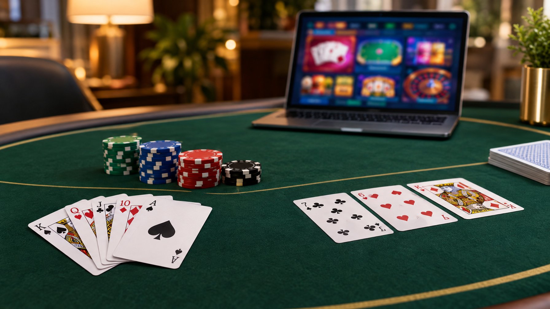 Kartu permainan dan keping poker tersusun di atas meja hijau, dengan perangkat digital di latar belakang.