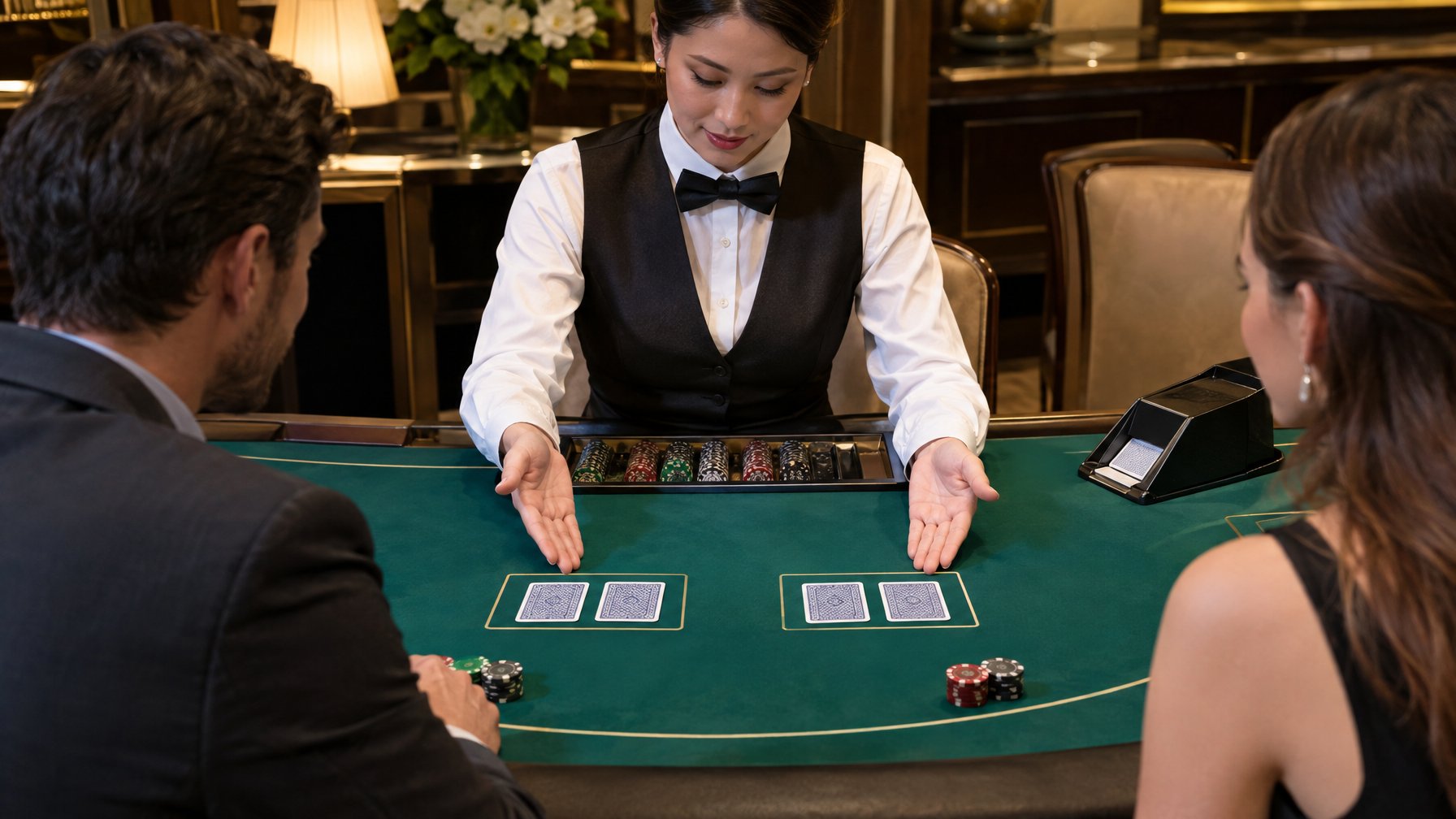 Seorang dealer membagikan kartu baccarat di meja kasino sementara dua pemain memperhatikan.