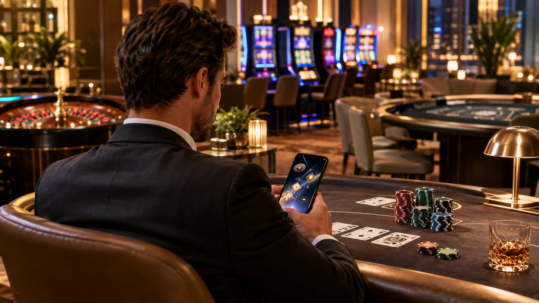 Seorang pemain duduk di meja permainan dengan kartu dan chip, sementara roda roulette dan mesin slot terlihat di latar belakang.
