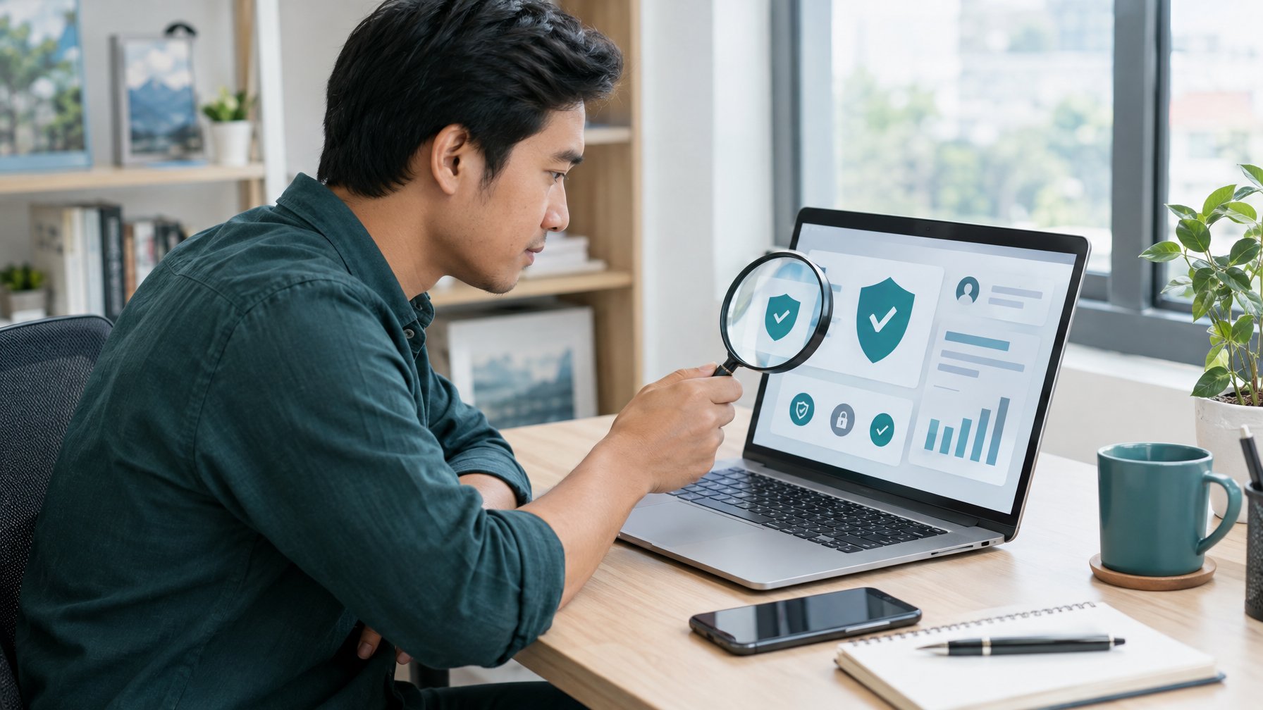 Seorang profesional memeriksa tampilan situs di laptop dengan kaca pembesar.
