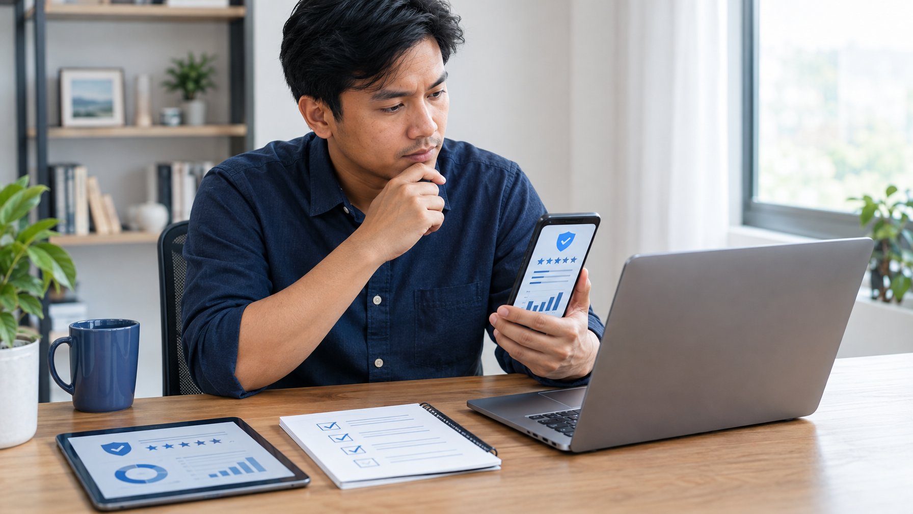 Seseorang memeriksa indikator kepercayaan pada laptop dan ponsel.